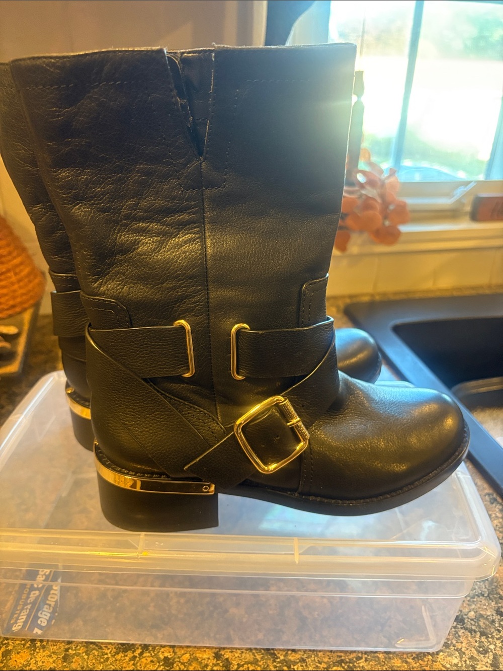 Vince Camuto Black Mid-Calf Moto Boots with Gold Hardware